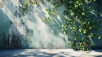 Wall with a green plant growing out of it. The plant is in the shade and the wall is grey photo