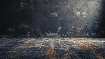 Dark room with a wooden floor and a wall with a lot of cracks. The room is empty and has a very dark and moody atmosphere photo