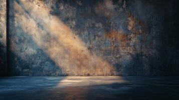 Room with a wall that is covered in graffiti and has a light shining on it. The light creates a shadow on the wall, making the room feel more open and inviting photo