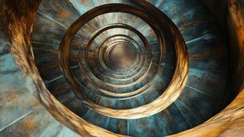Spiral staircase with a blue and gold color scheme. The staircase is made of metal and has a rustic appearance photo