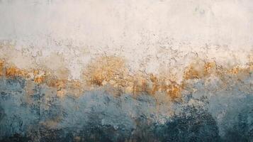 Painting of a sky with a blue and white background and a yellow and brown line. The painting has a lot of texture and he is abstract photo