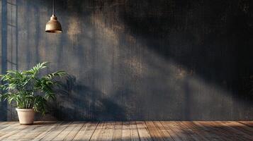 Room with a plant and a lamp. The room is empty and has a dark color. The plant is in a pot and is placed near the lamp photo