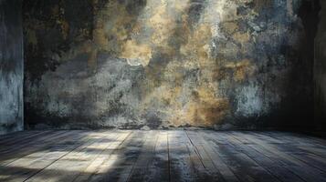 Large, empty room with a wall that is covered in graffiti. The room is bare and has no furniture photo