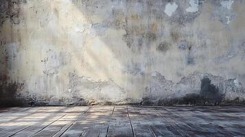 Large, empty room with a wall that is covered in cracks and peeling paint. The room is filled with sunlight, creating a warm and inviting atmosphere photo