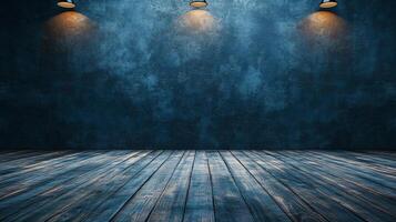 Blue room with wooden floors and three lights. The room is empty and has a minimalist feel photo