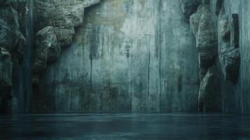 Large, empty room with a wall of concrete and a large body of water. Scene is one of emptiness and solitude photo