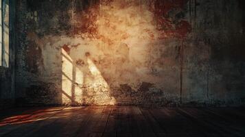 Room with a wall that is covered in graffiti and has a window in the middle. The room is empty and has a very dark and moody atmosphere photo
