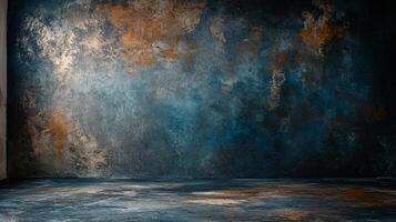 Large, empty room with a blue and orange wall. The wall has a textured, abstract look to it. The room is bare and empty, with no furniture or decorations photo