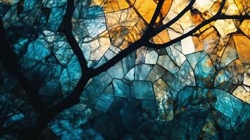 Tree with a blue and yellow background. The tree is made of glass and has a lot of cracks photo