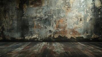 Large, empty room with a wooden floor and a wall covered in rust. The room has a very old and worn appearance, giving it a sense of abandonment and decay photo