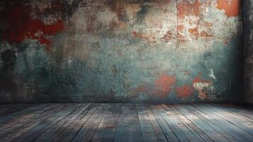 Large, empty room with a wall covered in graffiti and a wooden floor. The room has a raw, industrial feel to it, with the graffiti adding a sense of urban decay photo