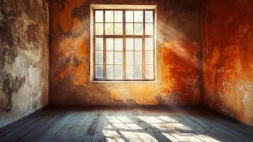 Room with a window that is letting in sunlight. The room is empty and has a very old, worn appearance photo