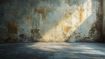 Large, empty room with a wall that is covered in graffiti. The room is mostly empty, with only a few people visible in the background. The wall is covered in graffiti, giving the room a gritty photo