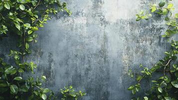 Wall with green vines growing on it, the wall is grey and the vines are green. The wall is made of concrete and has a rough texture photo