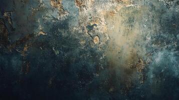 Painting of a cloudy sky with a gold and blue color scheme. The painting has a moody and mysterious feel to it photo