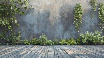 Wall with a green ivy plant growing out of it. The wall is made of concrete and has a greyish color photo