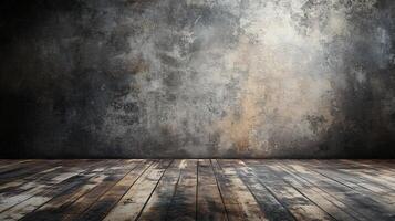 Large empty room with a wooden floor and a wall. The room is bare and empty, with no furniture or decorations. The wooden floor is worn and weathered, giving the room a sense of age and history photo