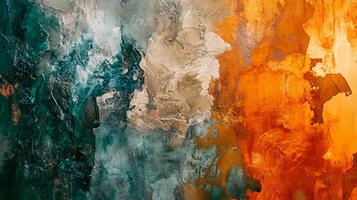 Painting with a blue and green background and orange and brown splatters. The painting has a lot of texture and seems to be abstract photo
