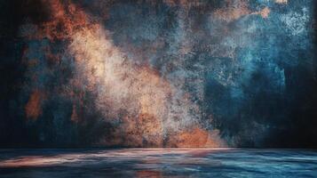 The room is a large, empty space with a blue and orange background. The blue and orange colors create a striking contrast, making the room feel both calm and energetic photo
