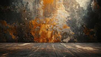Large, empty room with a wooden floor and a wall covered in graffiti. The room has a raw, industrial feel to it, with the graffiti adding a sense of chaos and disorder photo