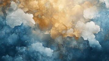 Painting of a cloudy sky with a gold and blue color scheme. The painting has a dreamy and ethereal quality to it, with the clouds appearing to be made of paint rather than water vapor photo