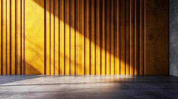 Room with a yellow wall and a light shining on it. The room is empty and has a modern feel photo