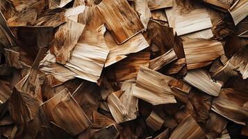 Pile of wood with many pieces of wood scattered around. The pile is brown and has a rustic feel to it photo