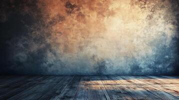 Room with a wooden floor and a wall with a brown and blue color. The room is empty and has a very simple and minimalistic design photo