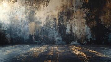 Large, empty room with a wall covered in graffiti and a large, empty space in the middle photo