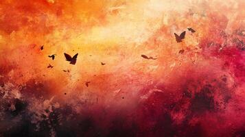 Painting of birds flying in the sky with a red background. The birds are scattered throughout the painting, with some flying higher and others closer to the ground photo