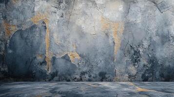 The wall is made of concrete and has a lot of cracks. There are also some spots of gold paint on the cracks photo