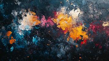 Painting of a colorful galaxy with a splash of yellow. The painting is abstract and has a sense of movement and energy photo