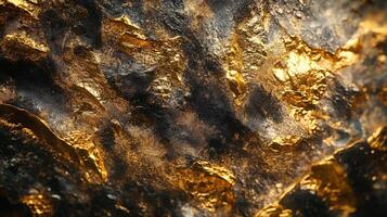 Close up of a rock with gold and black colors. The rock has a rough texture and he is a piece of gold photo