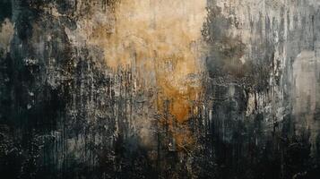 Black and white painting with a yellowish tint. The painting is of a wall with graffiti and has a lot of texture. The painting has a moody and edgy feel to it photo