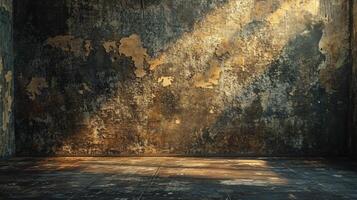 Room with a wall that is covered in cracks and peeling paint. The room is empty and has a very dark and gloomy atmosphere photo