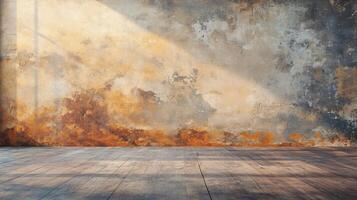 Large, empty room with a wall that is covered in rust and a wooden floor. The room is filled with light, creating a warm and inviting atmosphere photo