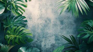 Leafy green background with a few leaves in the foreground. The background is a mix of green and blue, giving it a calming and serene feel photo