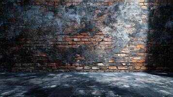 Brick wall with a large hole in it. The wall is covered in dirt and has a shadow on it photo