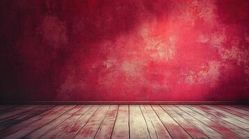 Red wall with a wooden floor and a red wall. The wall is covered in red paint and the floor is made of wood. The room appears to be empty and bare, with no furniture or decorations photo