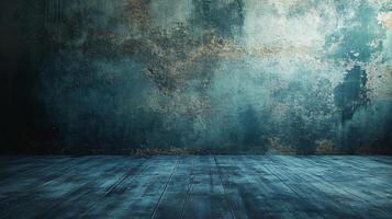 Blue wall with a wooden floor and a large empty space. The wall is covered in a textured, rough surface that gives the room a rustic, industrial feel. The wooden floor adds warmth photo