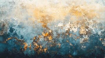 Painting of a blue sky with orange and yellow splatters. The painting has a feeling of chaos and disorder, with the splatters of color creating a sense of movement and energy photo