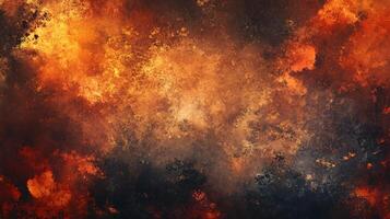 Painting of a fiery explosion with orange and black colors. The painting has a chaotic and intense mood, with the explosion appearing to be in motion. The use of bold colors photo