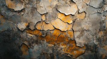 Wall with cracks and peeling paint. The wall is covered in a variety of textures and colors, giving it a worn and weathered appearance. Scene is one of decay and abandonment photo