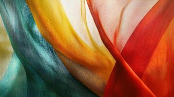 Colorful piece of fabric with a red stripe. The colors are bright and vibrant, creating a sense of energy and excitement. The fabric appears to be a piece of art, with its unique photo