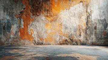 Large, empty room with a wall that is covered in rust and peeling paint. The room is bare and empty, with no furniture or decorations. The wall is a mix of orange and gray photo