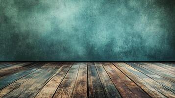 Wooden floor with a blue wall in the background. The floor is empty and has a natural, rustic feel to it photo
