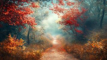 Serene and peaceful forest scene with a path running through it. The trees are covered in red leaves, creating a beautiful and calming atmosphere. The path is surrounded by tall trees photo