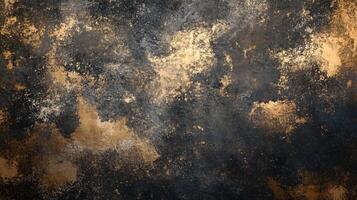 Black and gold background with a lot of texture. The texture is created by the paint splatters and the gold color adds a sense of warmth and depth to the scene photo