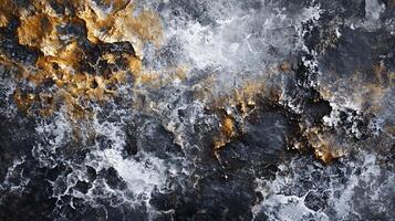 Painting of a rocky landscape with a splash of gold. The painting has a moody and mysterious feel to it photo