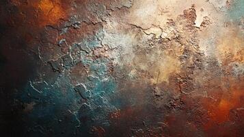 Painting of a wall with a lot of texture and a lot of different colors. The painting is abstract and has a lot of different shades of brown and blue photo